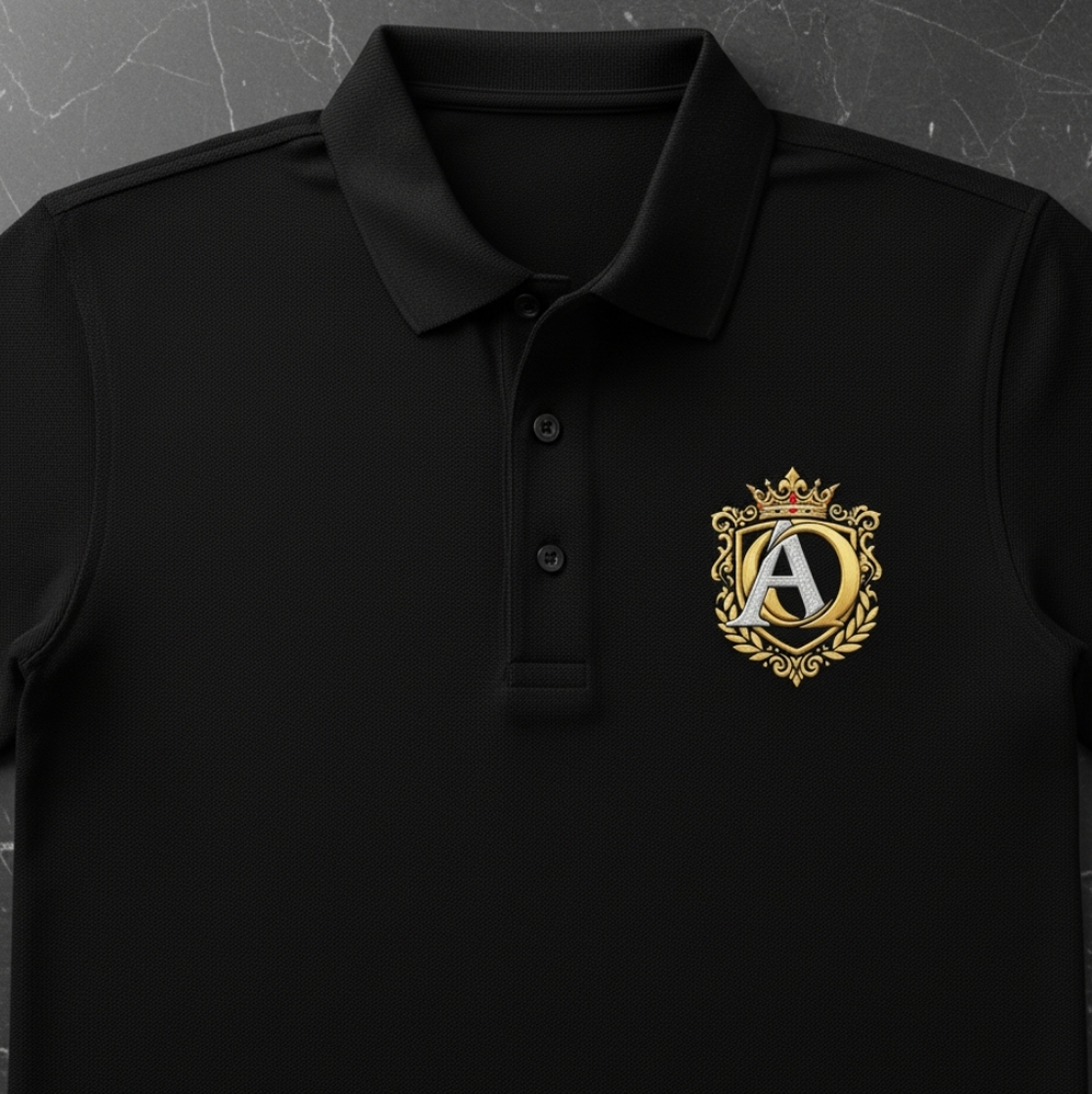 Black Polo Shirt with Gold Emblem
